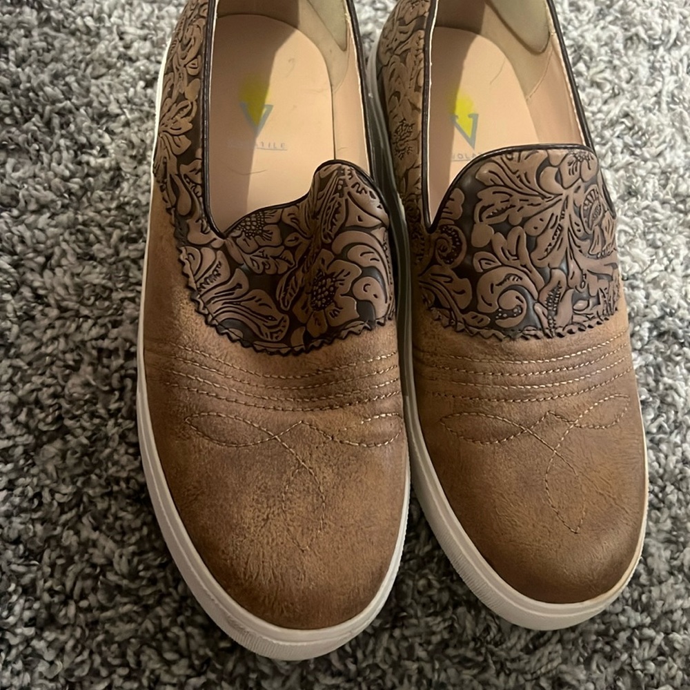 Volatile Brown Slip-On Shoes with Floral Design